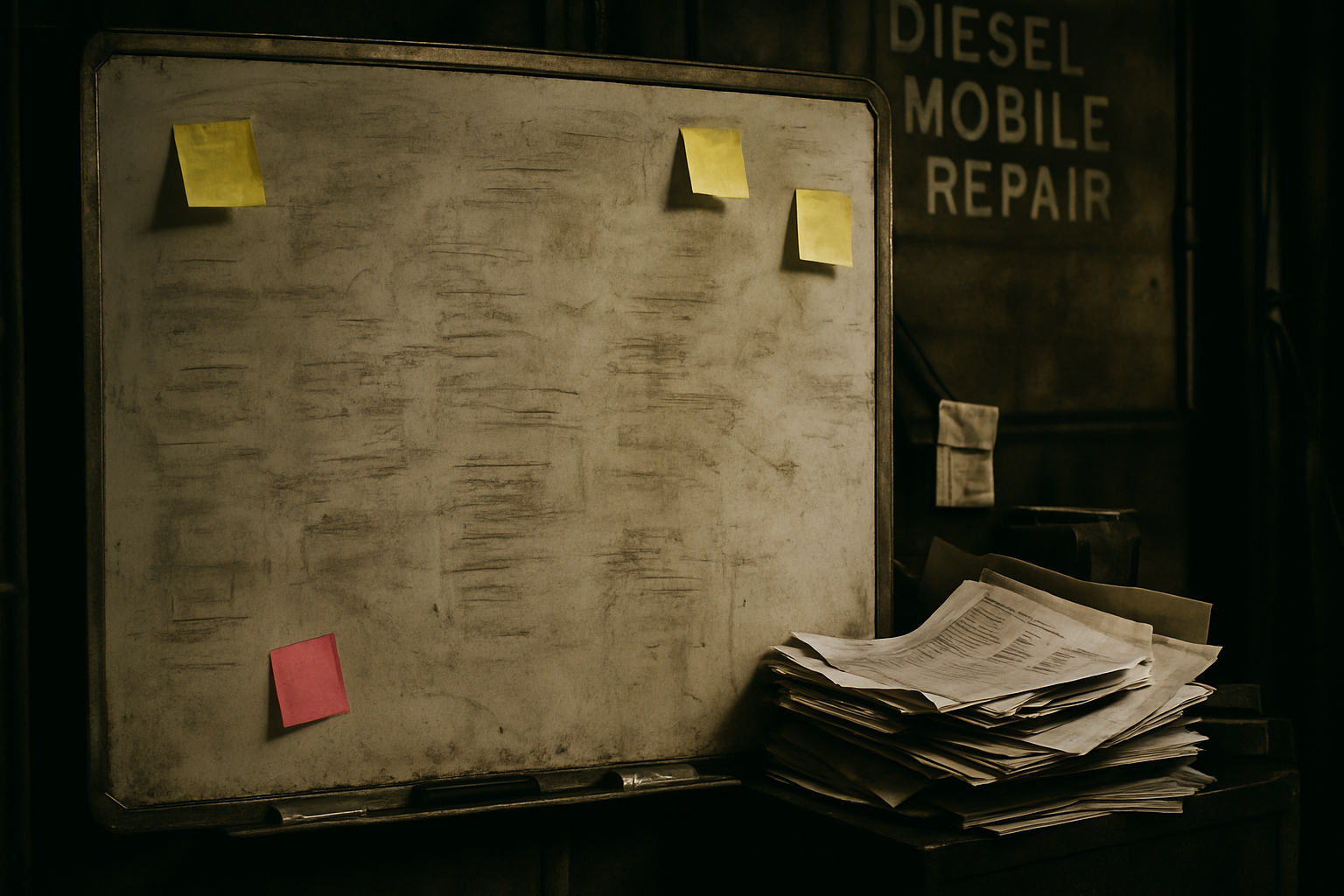 Cluttered diesel repair shop whiteboard covered with smudged job notes, sticky reminders, and half-erased scribbles, symbolizing the chaos that comes when a shop grows past its capacity.
