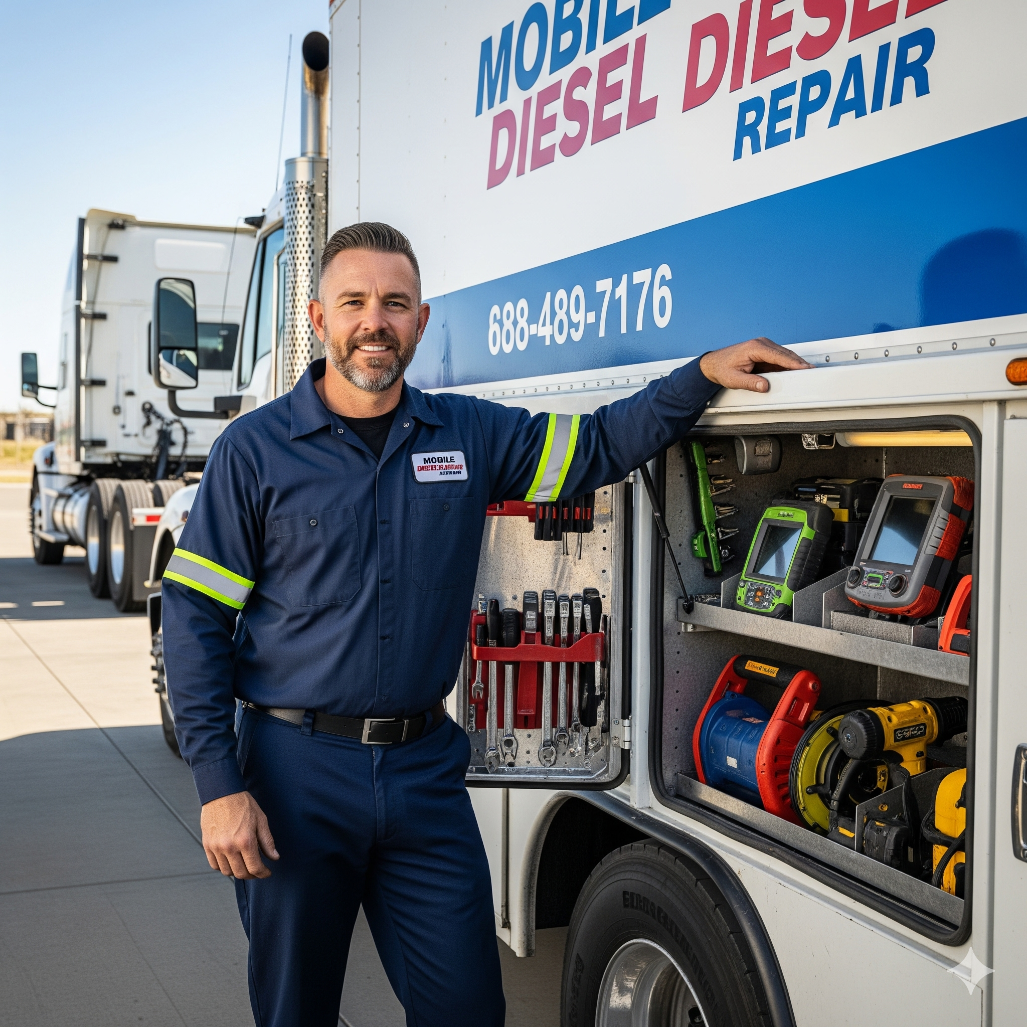 A professional mobile diesel technician smiling confidently next to a well-equipped service truck, representing a top-tier hire.