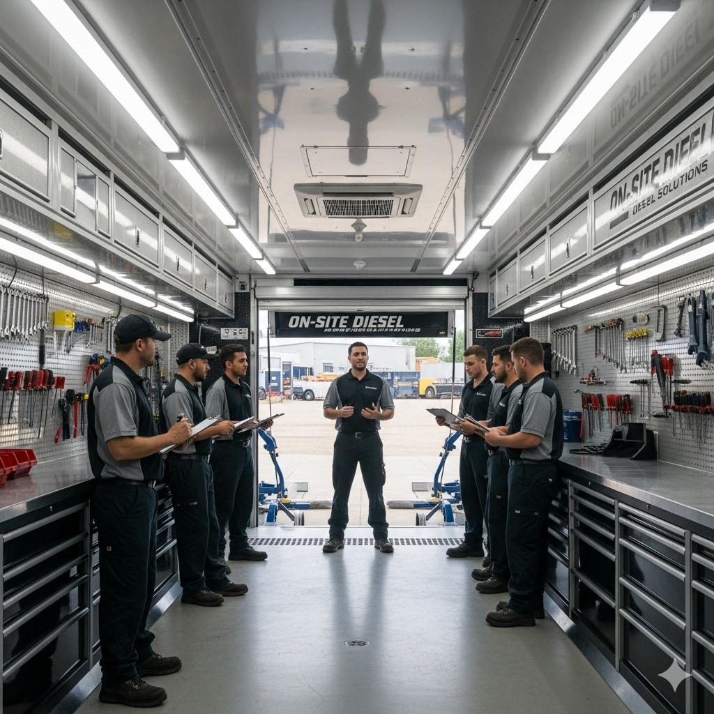 Shop manager and five diesel technicians working together in harmony on the floor — showing teamwork and accountability without micromanaging.