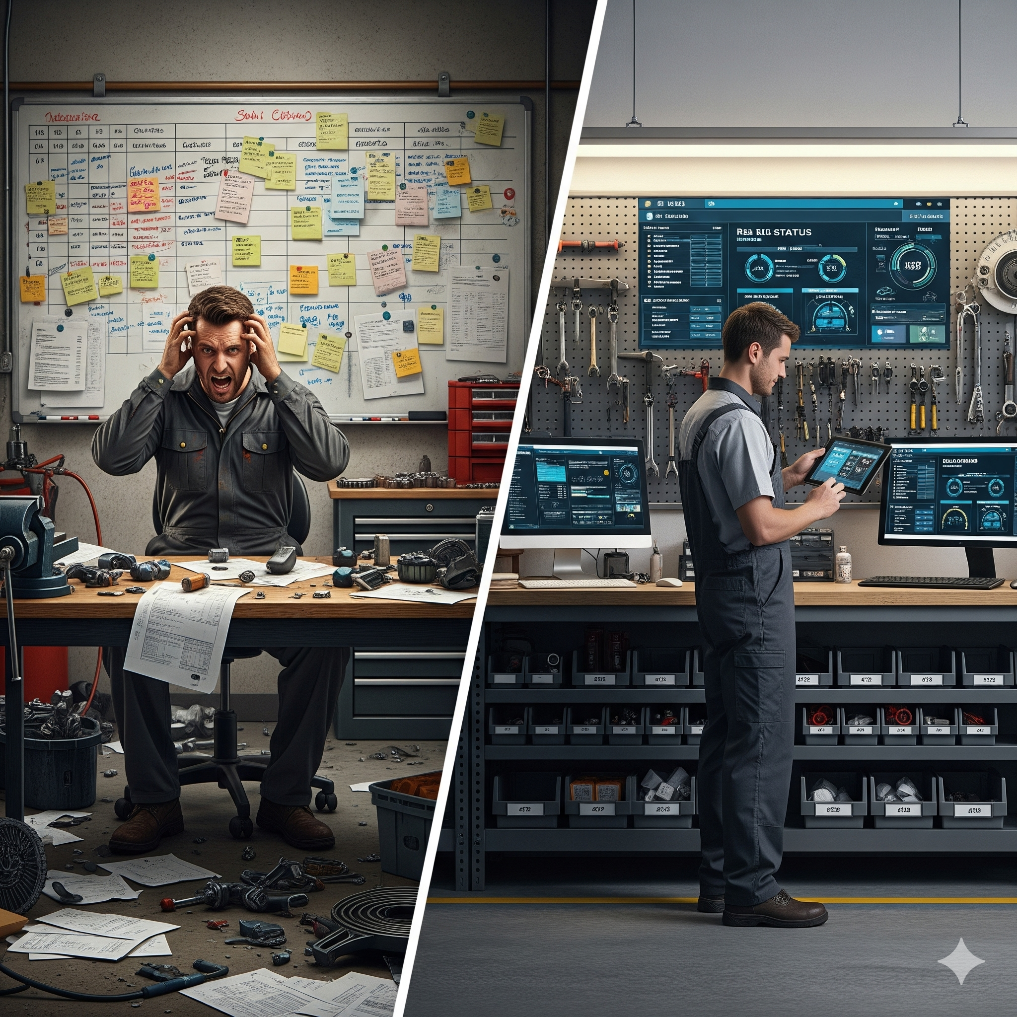Diesel repair shop owner surrounded by sticky notes and paperwork.